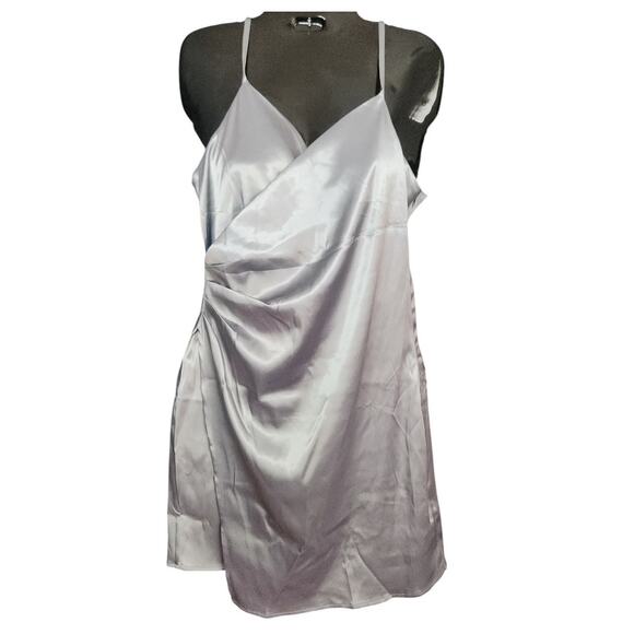 NWTHALARA Silver Pewter Satin Faux Wrap Mini Dress Spaghetti Strap sz. Medium